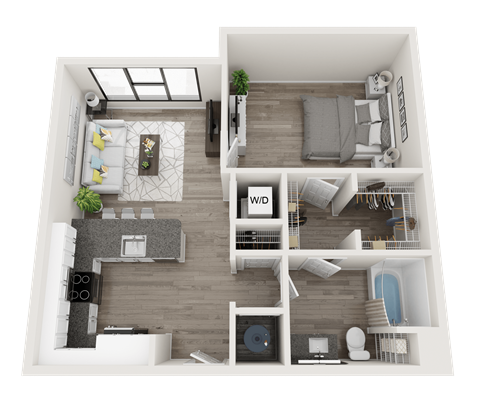 Floor plan for 1 bed, 1 bath, 761 sqft